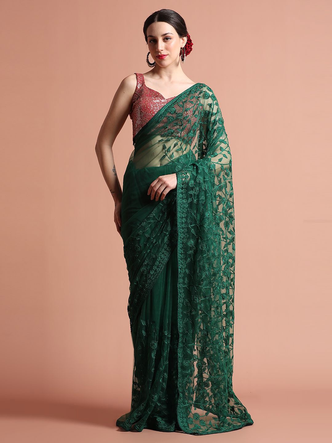 

Jaipur Kurti Party Wear Floral Embroidered Net Saree, Olive