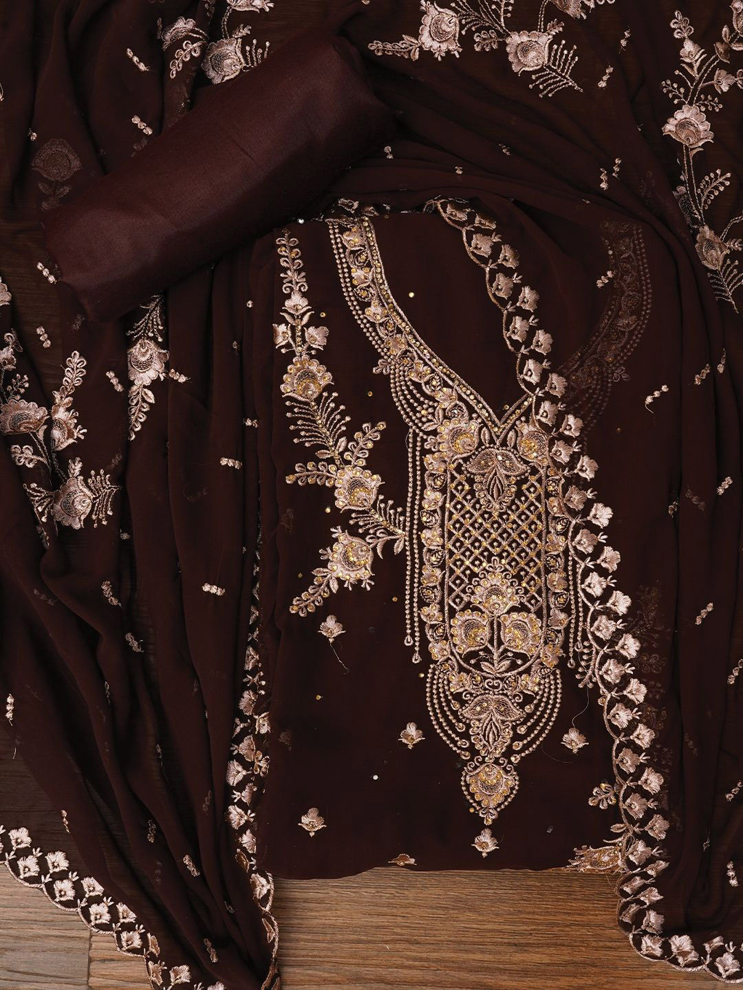 

Jaipur Kurti Zari Silk Georgette Dress Material with Dupatta, Brown