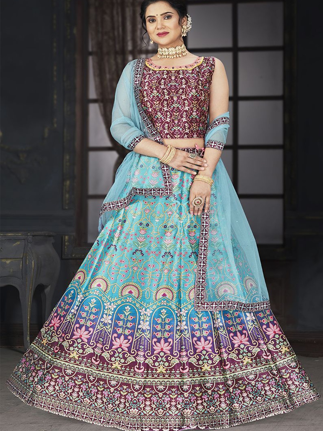 

Krimmple Printed Beads & Stones Ready To Wear Lehenga & Blouse With Dupatta, Blue