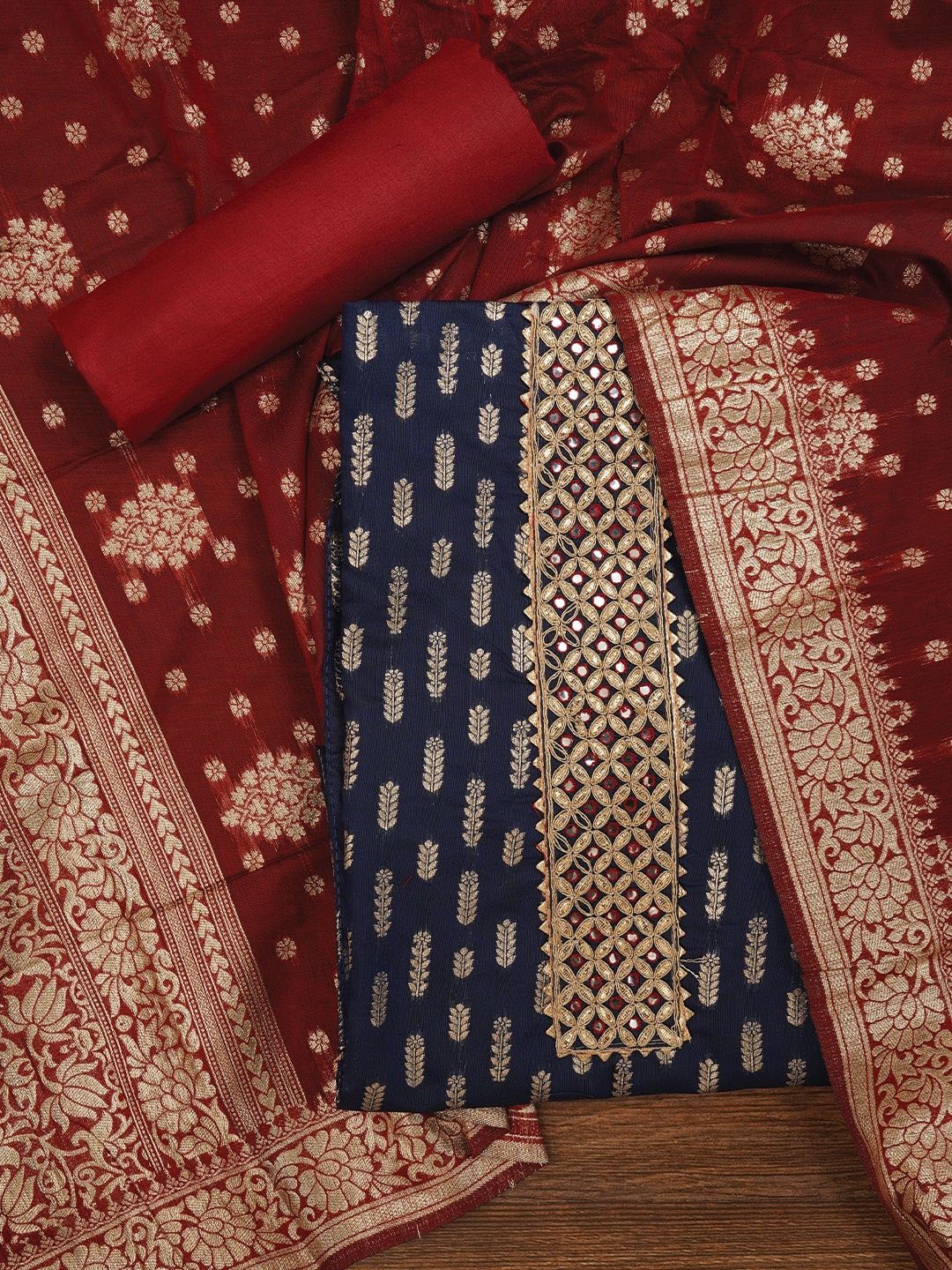 

Jaipur Kurti Ethnic Motifs Woven Design Unstitched Dress Material, Navy blue