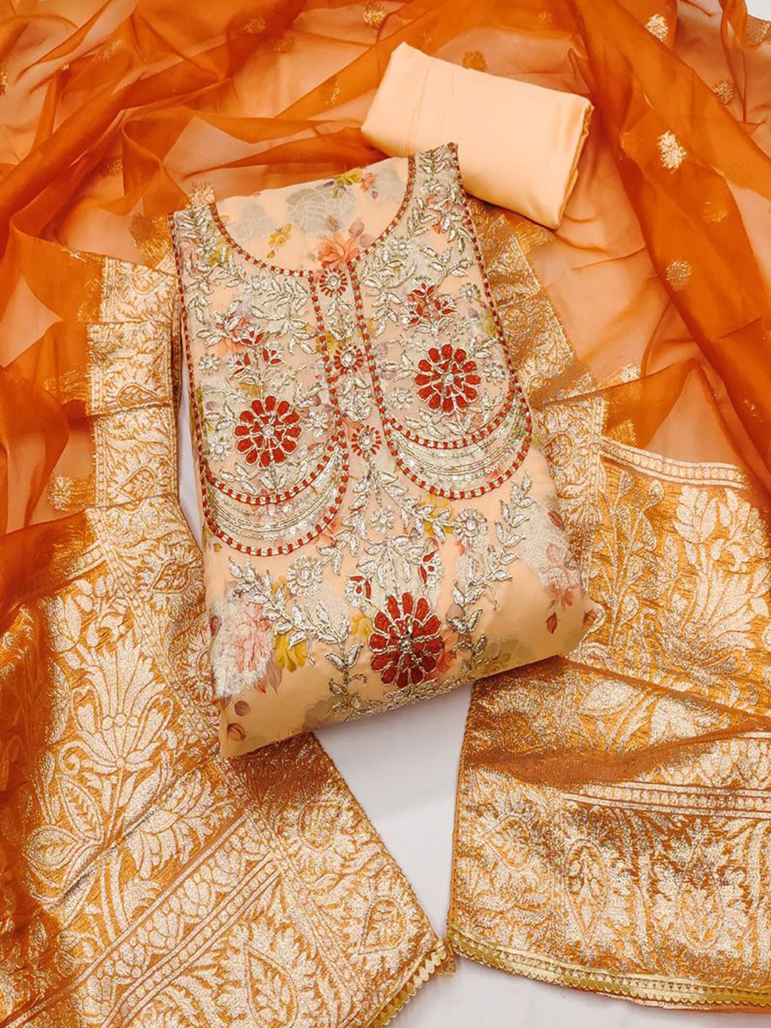 

ASISA Ethnic Motifs Embroidered Beads and Stones Art Silk Unstitched Dress Material, Orange