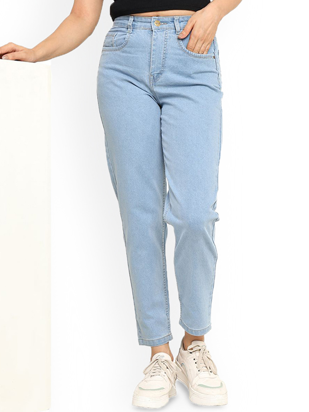 

zayla Women Comfort Mom Fit High-Rise Jeans, Turquoise blue
