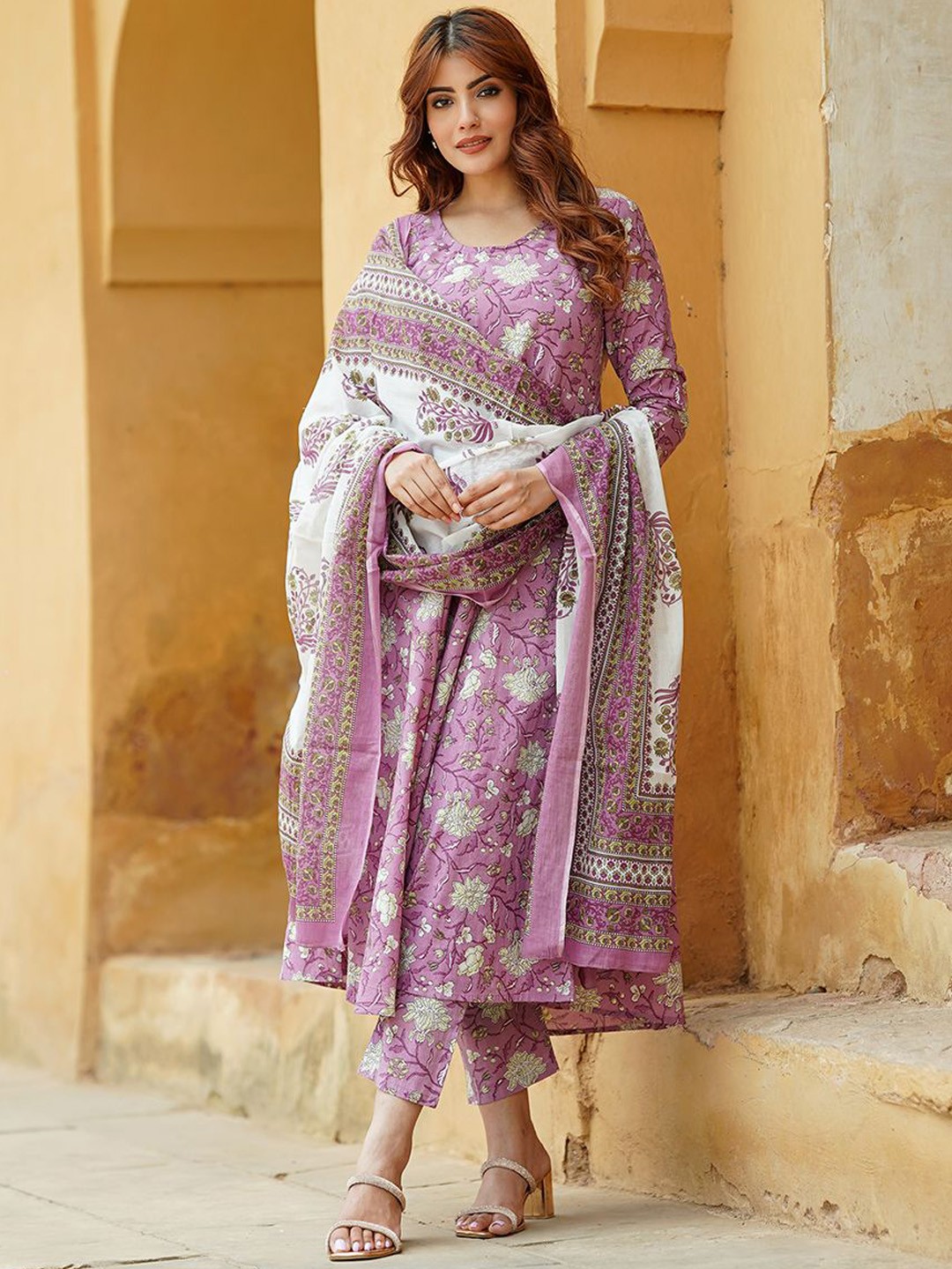 

KALINI Floral Printed Pure Cotton Anarkali Kurta With Trousers & Dupatta, Mauve