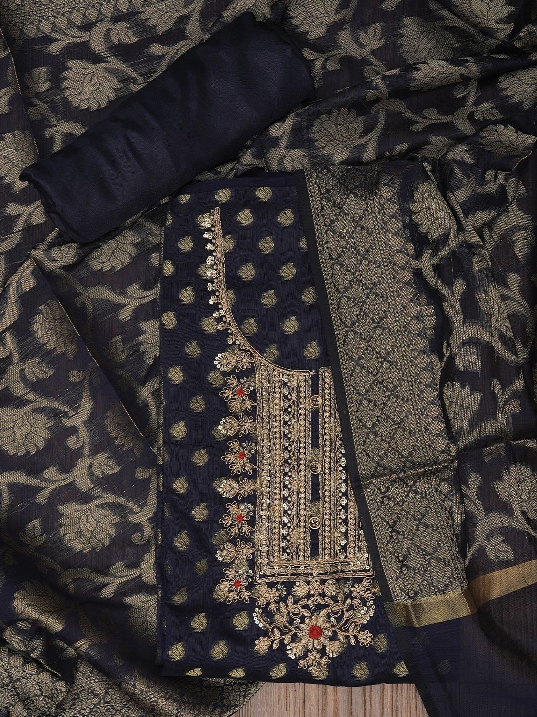 

Jaipur Kurti Zari Silk Blend Embellished Dress Material with Dupatta, Navy blue