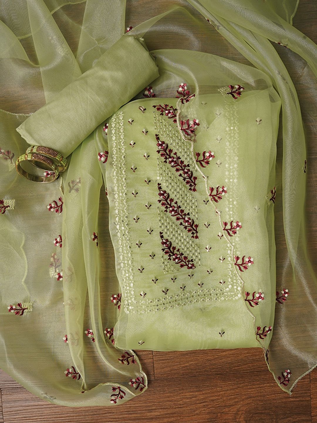 

Jaipur Kurti Zari Embroidered Organza Dress Material with Dupatta, Green