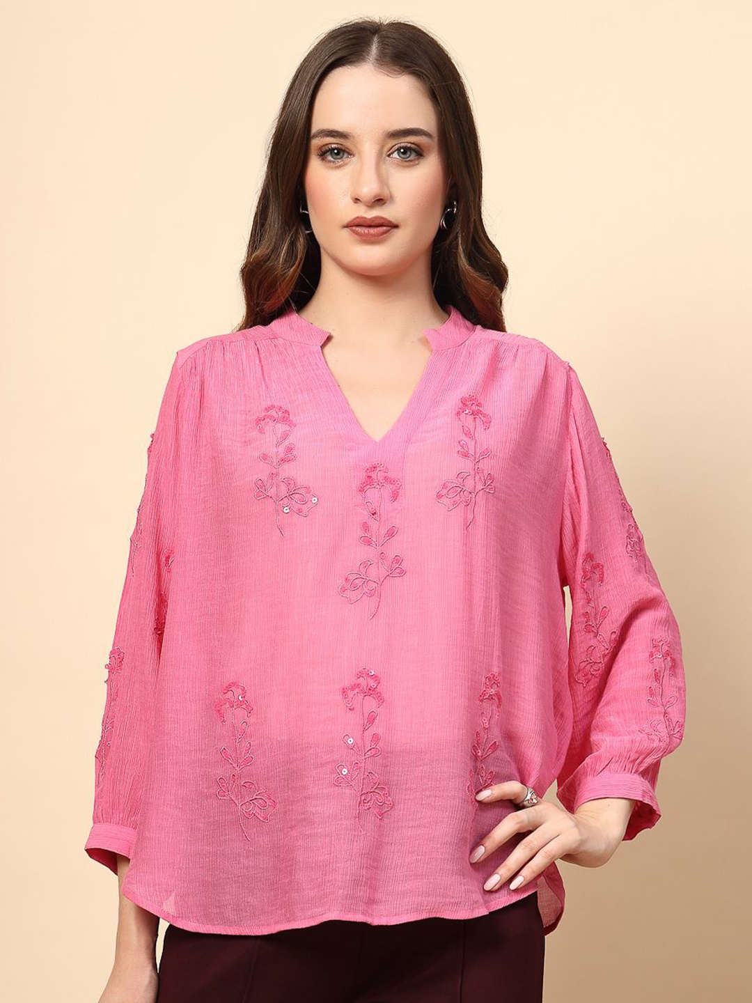 

Gipsy Mandarin Collar Embroidered Sheer Tunic, Fuchsia