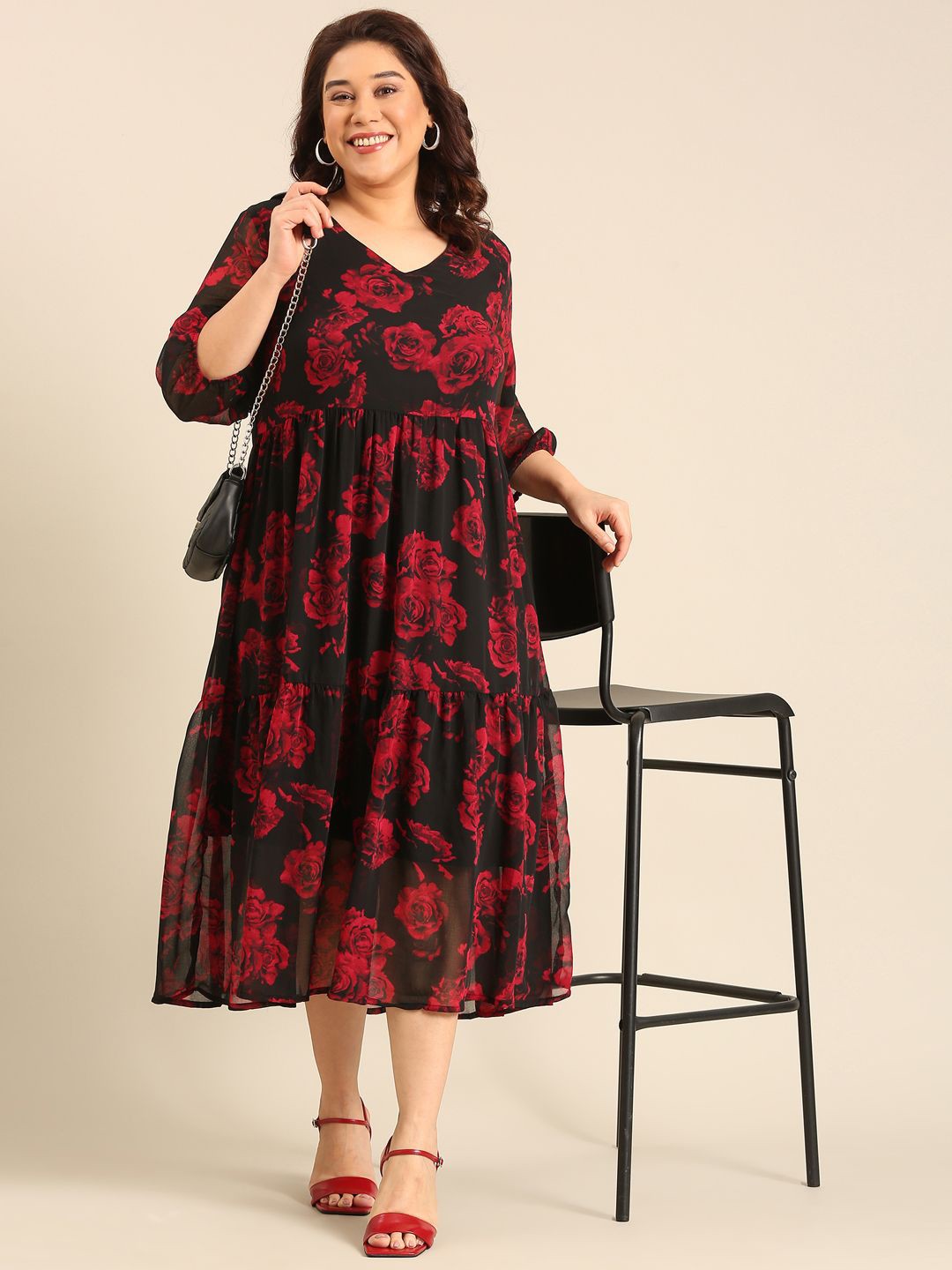 

The Pink Moon Plus Size Floral Printed Chiffon Fit & Flare Midi Dress, Black