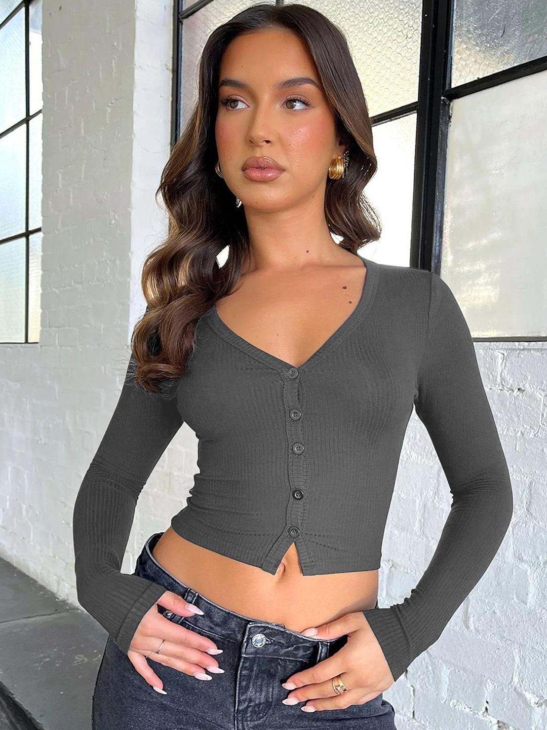 

StyleCast x Revolte Women Solid V-Neck Top, Grey