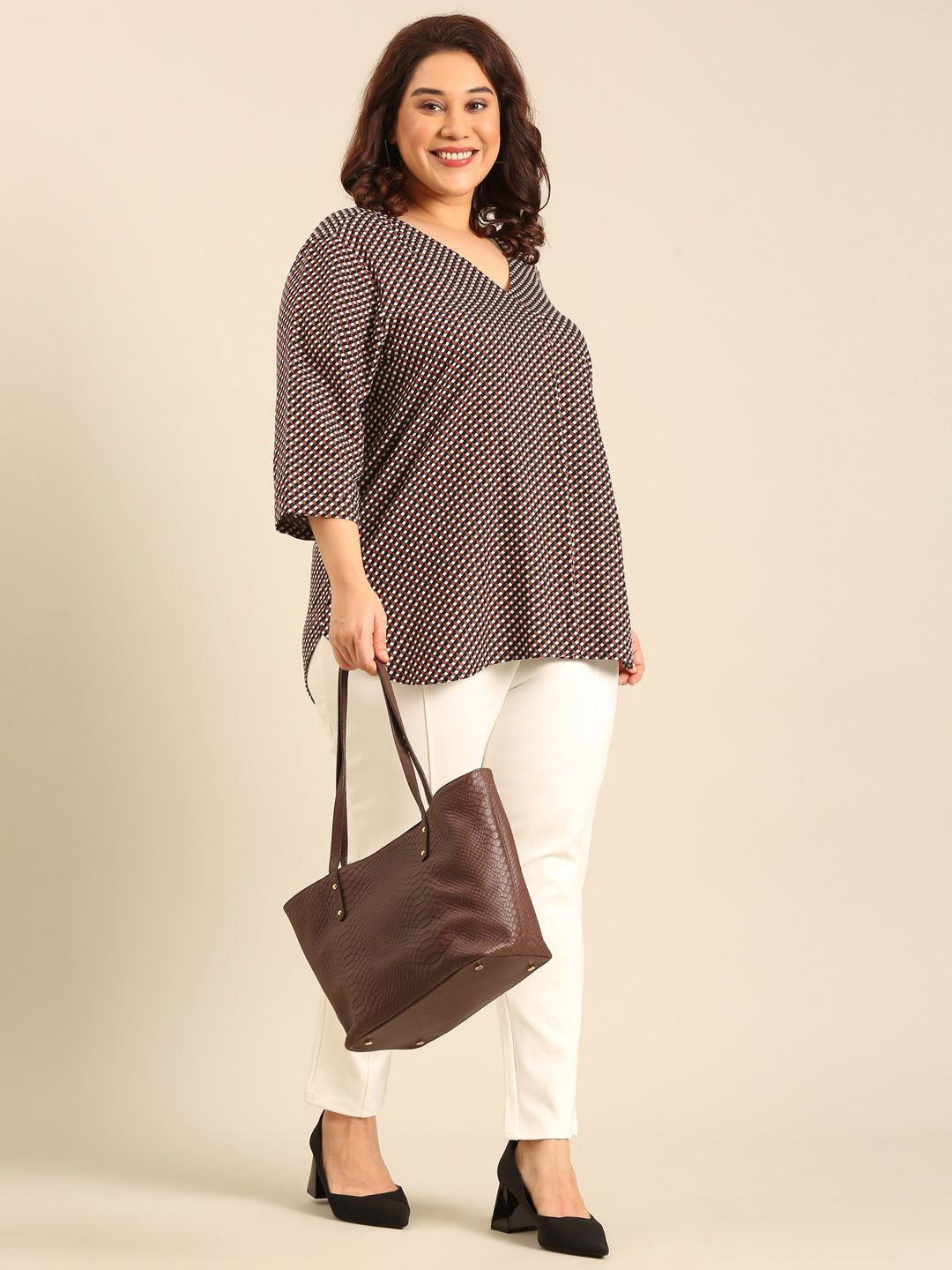 

The Pink Moon Abstract Printed Cotton Plus Size Top, Brown