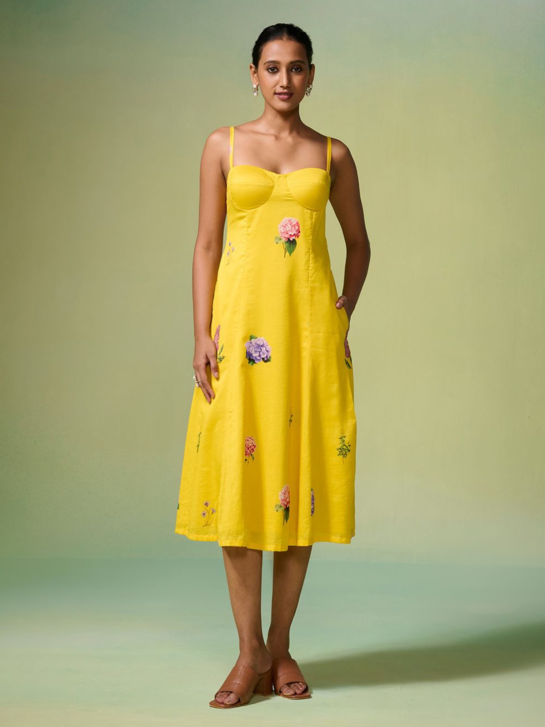 

Dressfolk Floral Printed A-Line Midi Dress, Yellow