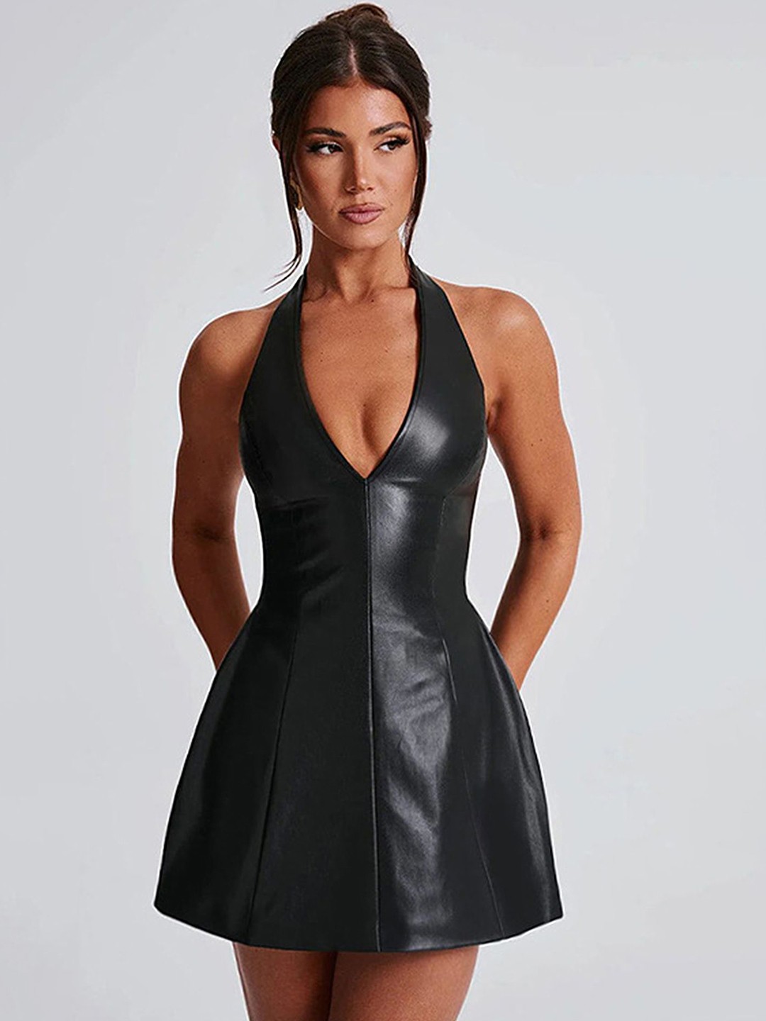 

LULU & SKY Women's Halter Neck Fit & Flare Mini Dress, Black