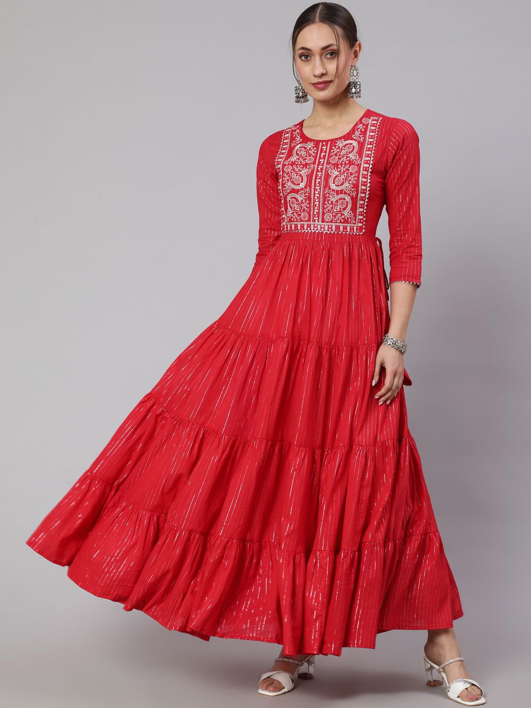 

GLAM ROOTS Floral Embroidered Sequinned Pure Cotton Anarkali Kurta, Red