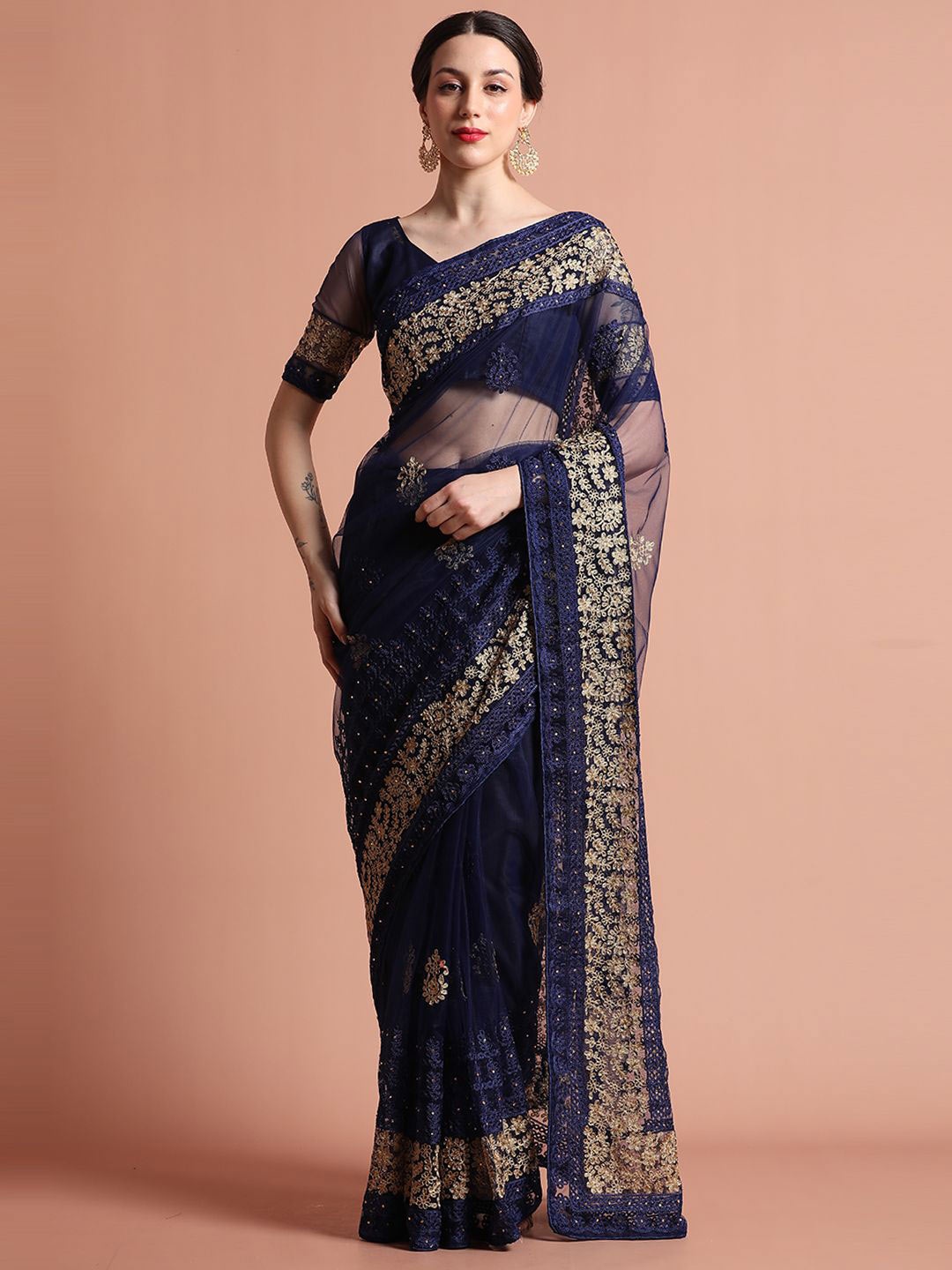 

Jaipur Kurti Party Wear Floral Embroidered Net Saree, Navy blue