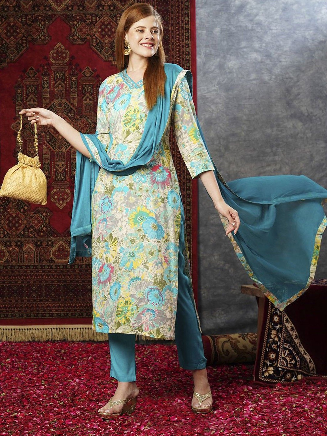 

Anni Designer Floral Printed Regular Straight Kurta with Trousers & Dupatta, Turquoise blue