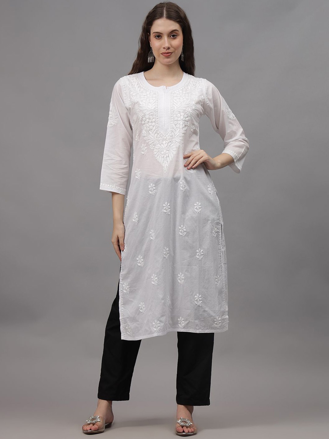 

Seva Chikan Ethnic Motifs Embroidered Chikankari Straight Kurta, White