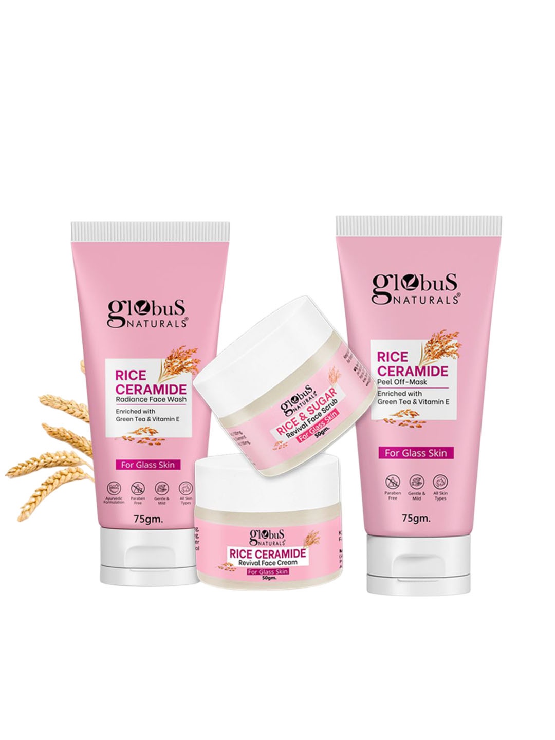 

Globus naturals Set Of 4 Rice Ceramid 2 Peel & Mask-75g & Face Scrub-50g, Cream-50g, Na