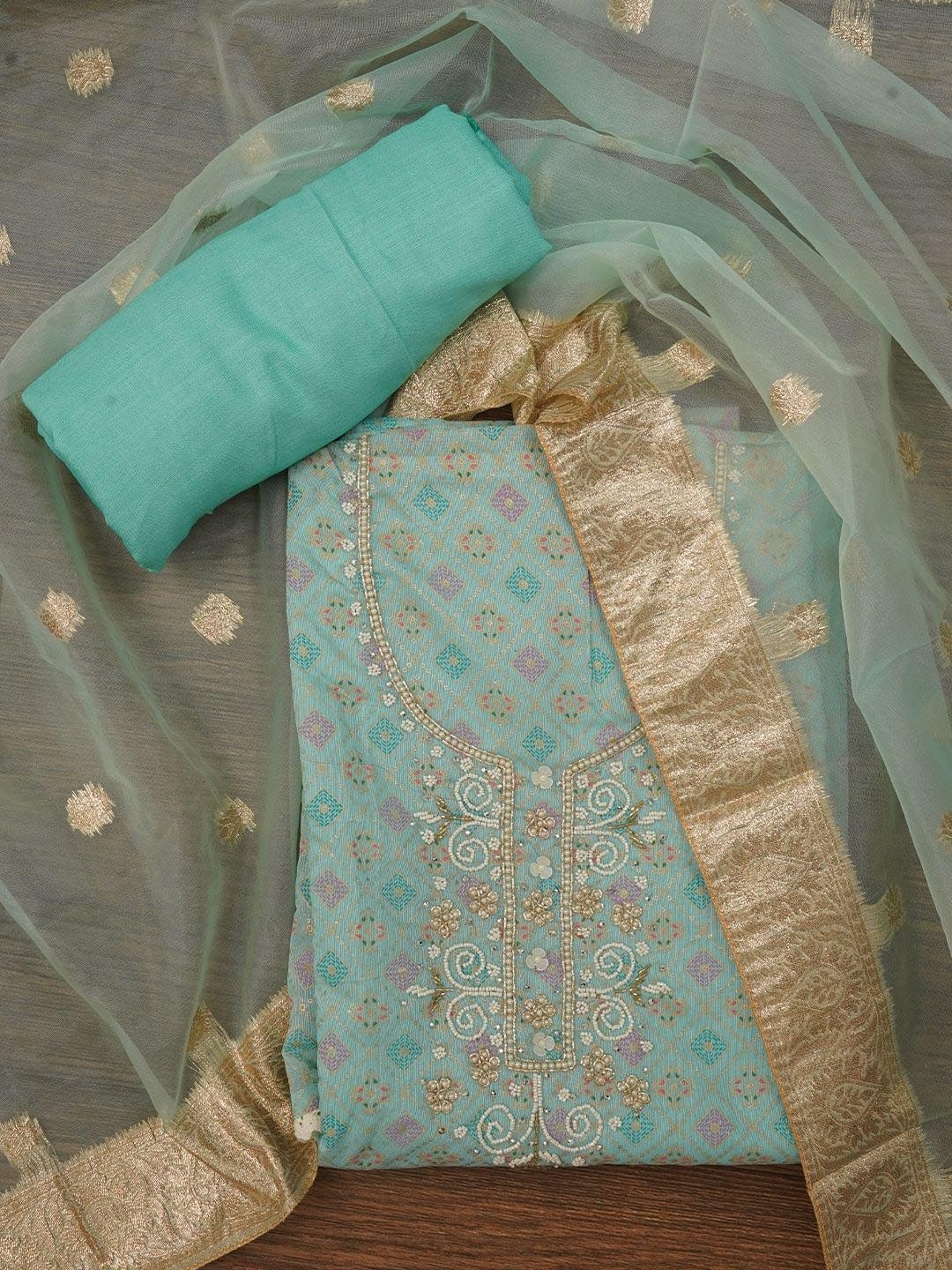 

Jaipur Kurti Unstitched Embellished Cotton Blend Dress Material with Dupatta, Sea green