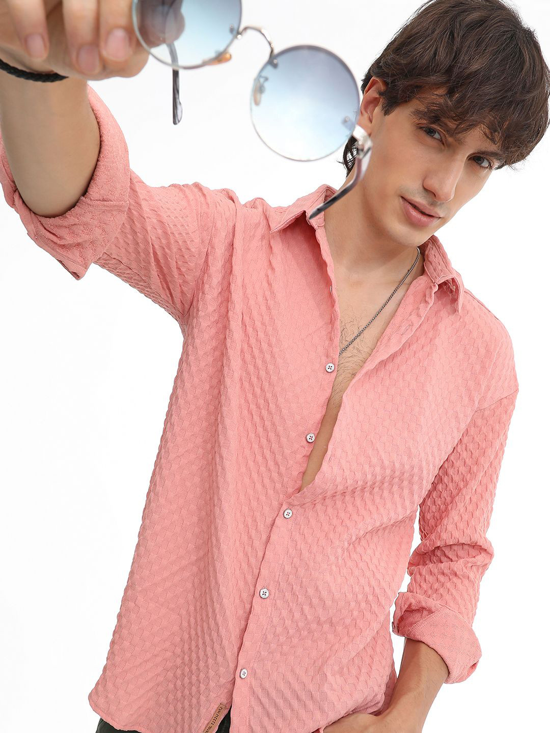 

Campus Sutra Men Comfort Spread Collar Textured Oversized Casual Shirt, Peach