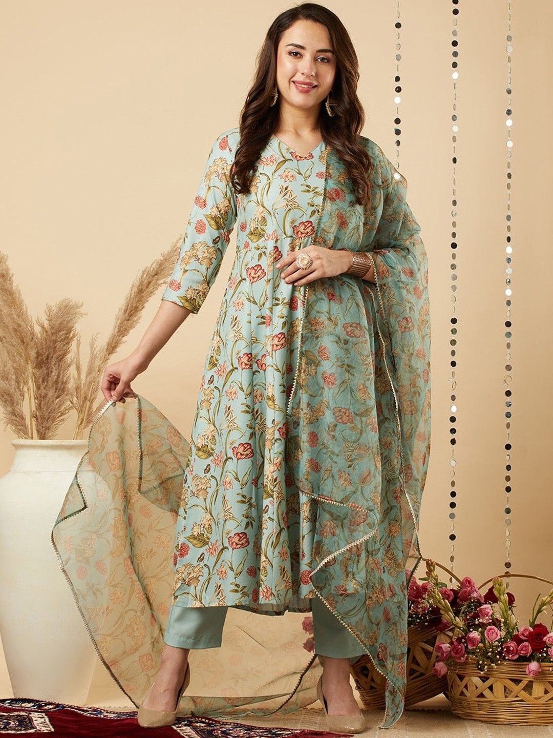 

Anni Designer Floral Printed Anarkali Kurta With Trousers & Dupatta, Green