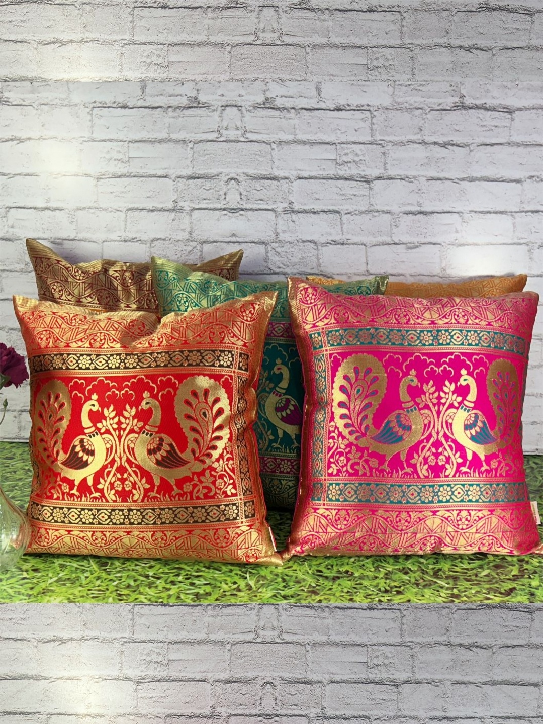 

Pink Parrot Pink & Gold-Toned 5 Pieces Ethnic Motifs Printed Square Cushion Covers