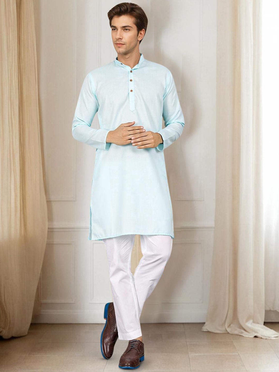 

Anouk Mandarin Collar Regular Kurta With Pyjama, Blue