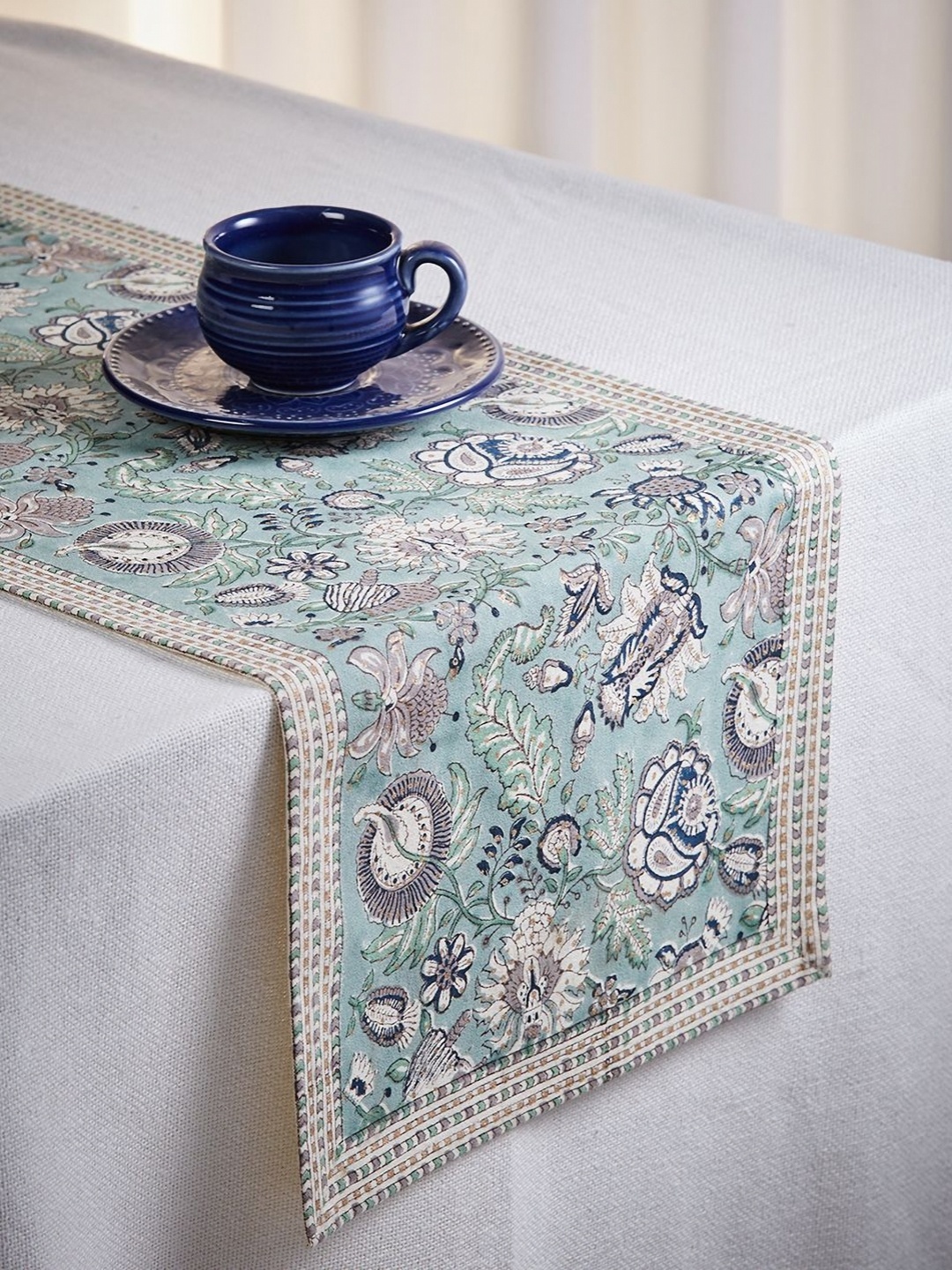 

Fabindia Blue & Beige Floral Printed Pure Cotton Runner