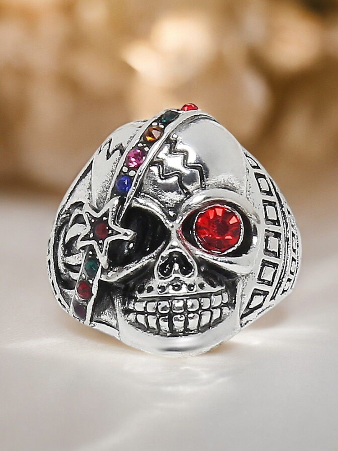 

fabula Men Stones-Studded Vintage Gothic Skull Biker Ring, Silver