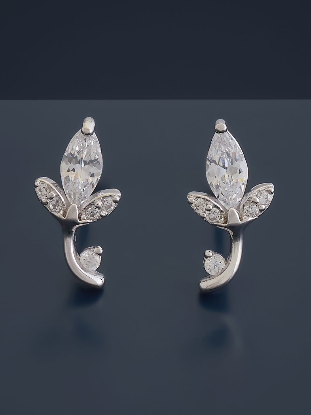

Kushal's Fashion Jewellery 92.5 Pure Silver Rhodium Plated CZ Leaf Shaped Studs