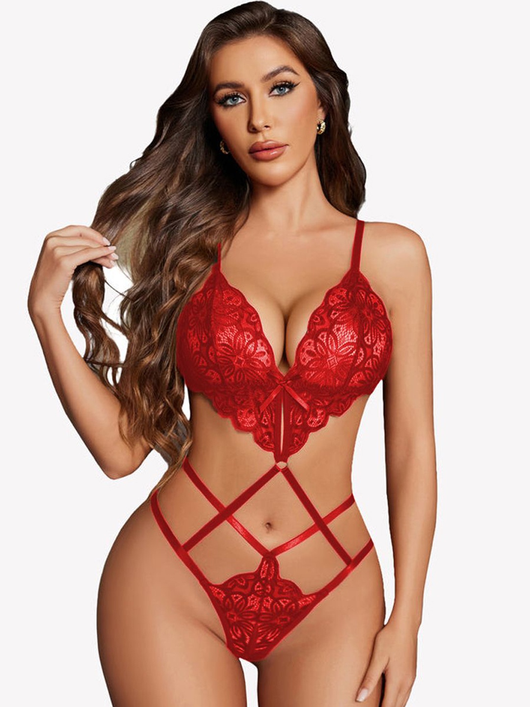 

KRENOZ Shoulder Straps Net Cut Out Baby Doll, Red