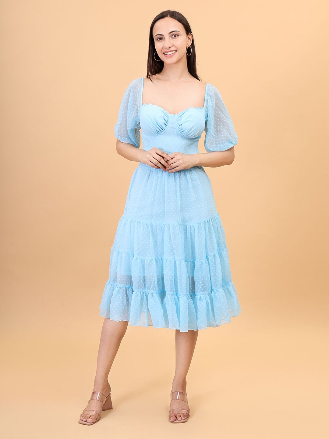 

KRICKEE Dobby Woven Backless Tiered Dress, Blue