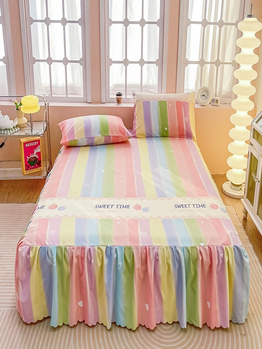 

JC HOME Green & Blue Striped 150 TC King Gathered Bedsheet With 2 Pillow Covers