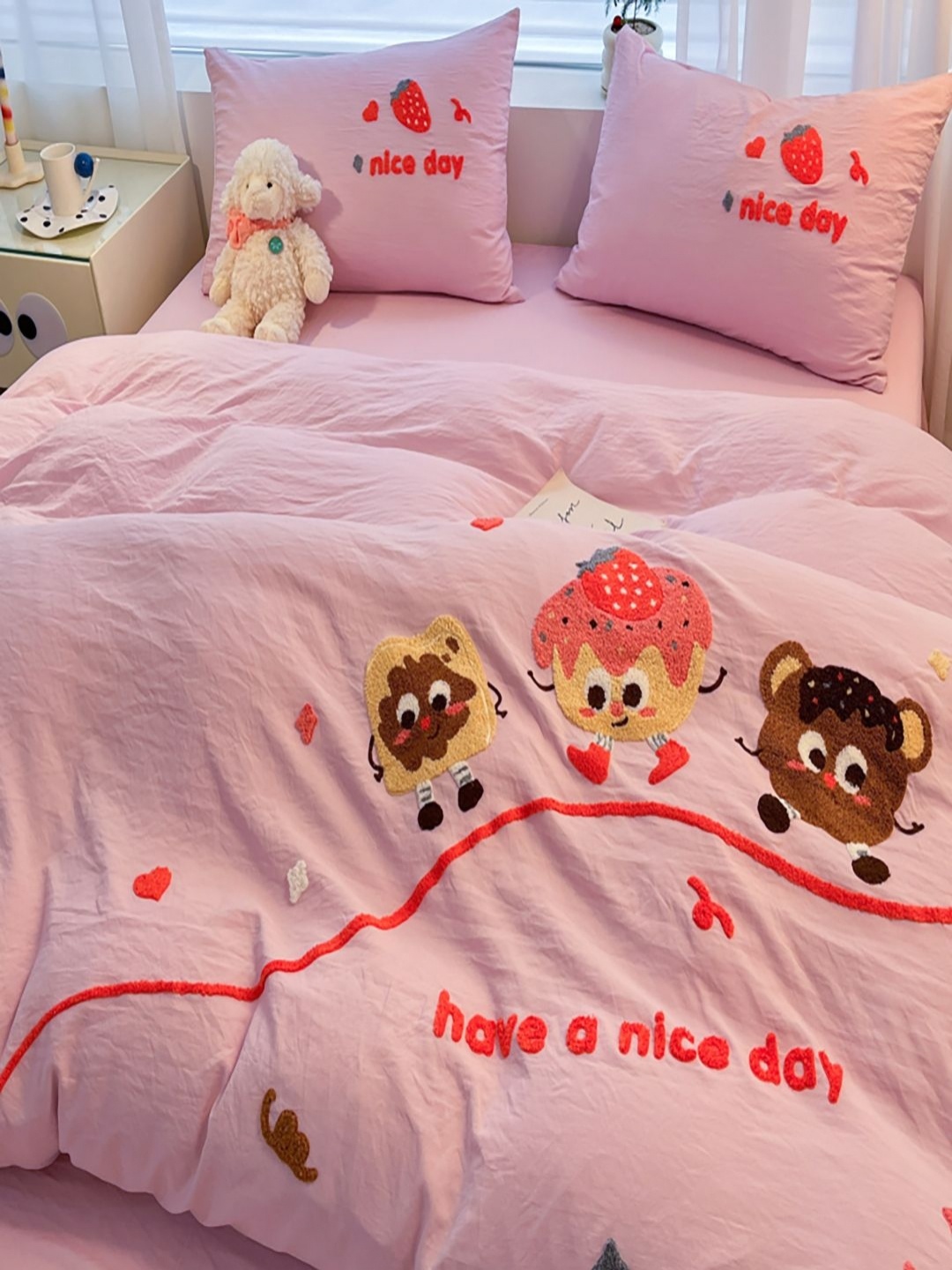 

JC HOME Pink & Grey Cartoon Characters Embroiderd Double King Regular Bedding Set