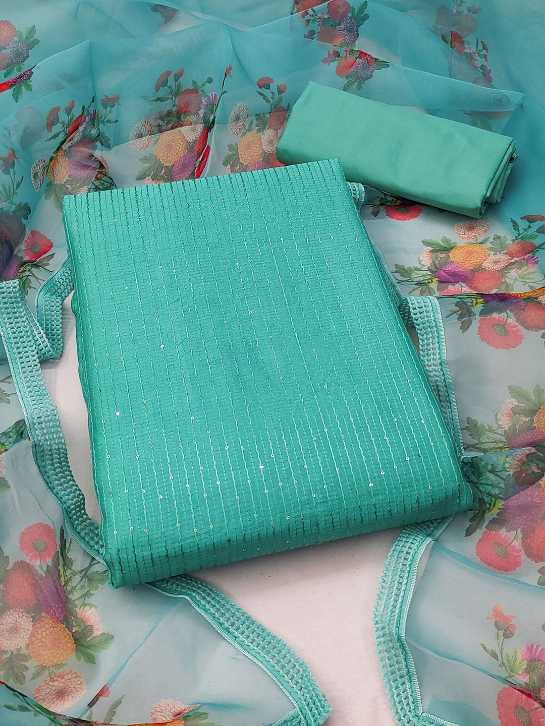 

Maroosh Embellished Sequinned Unstitched Dress Material, Sea green