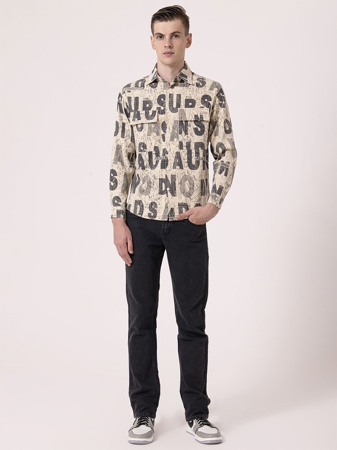 

Albion By CnM Men Typography Printed Opaque Casual Shirt, Beige