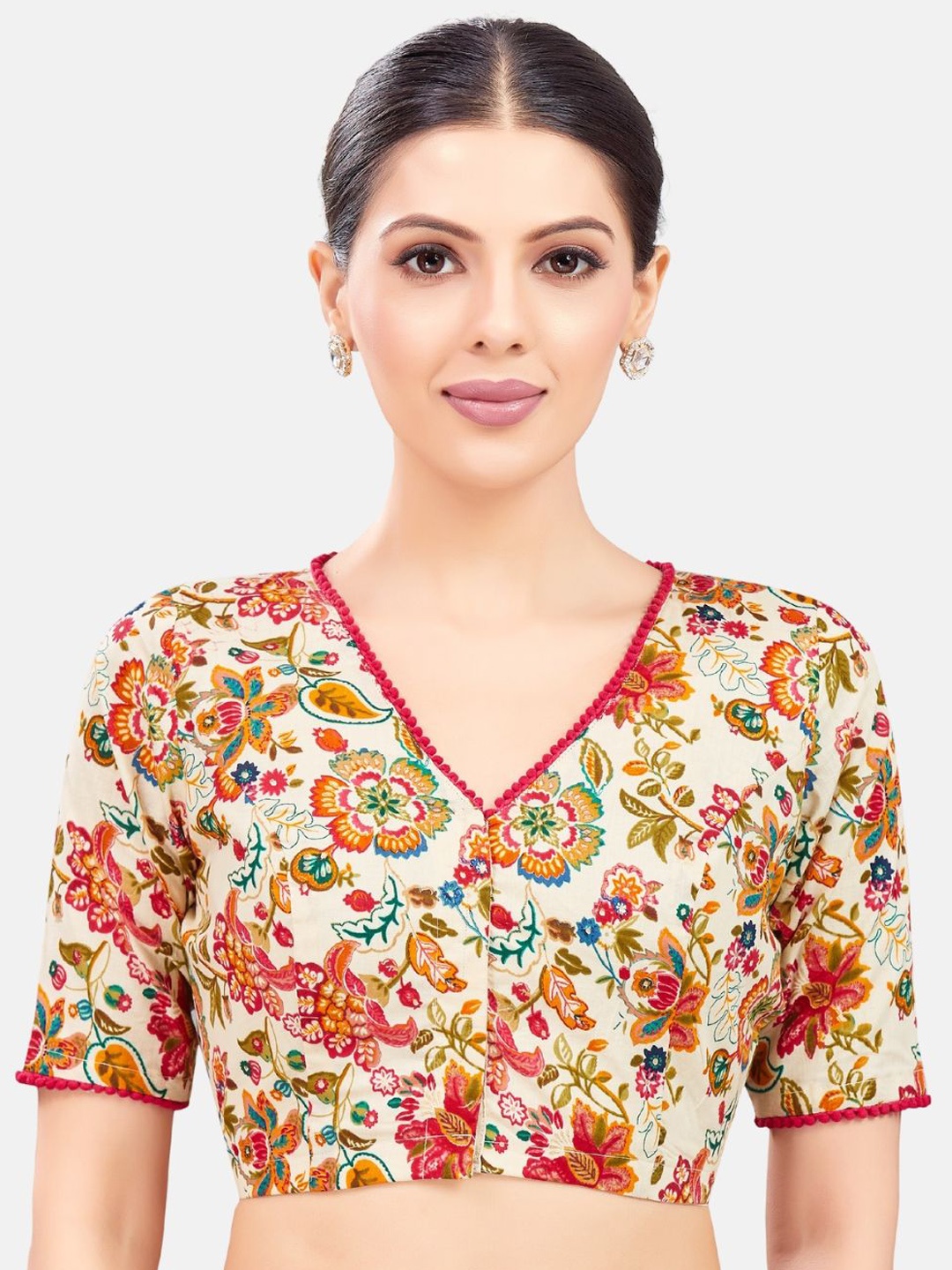 

Studio Shringaar Floral Printed Pure Cotton Saree Blouse, Beige