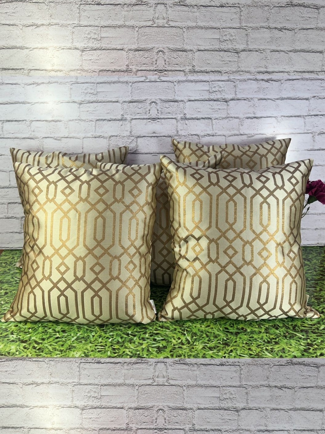 

Pink Parrot Beige and GoldToned 5 Pieces Jacquard Geometric Square Cushion Covers