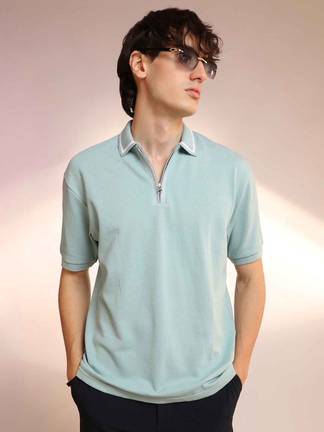 

Campus Sutra Men Solid Polo Collar Cotton T-shirt, Sea green