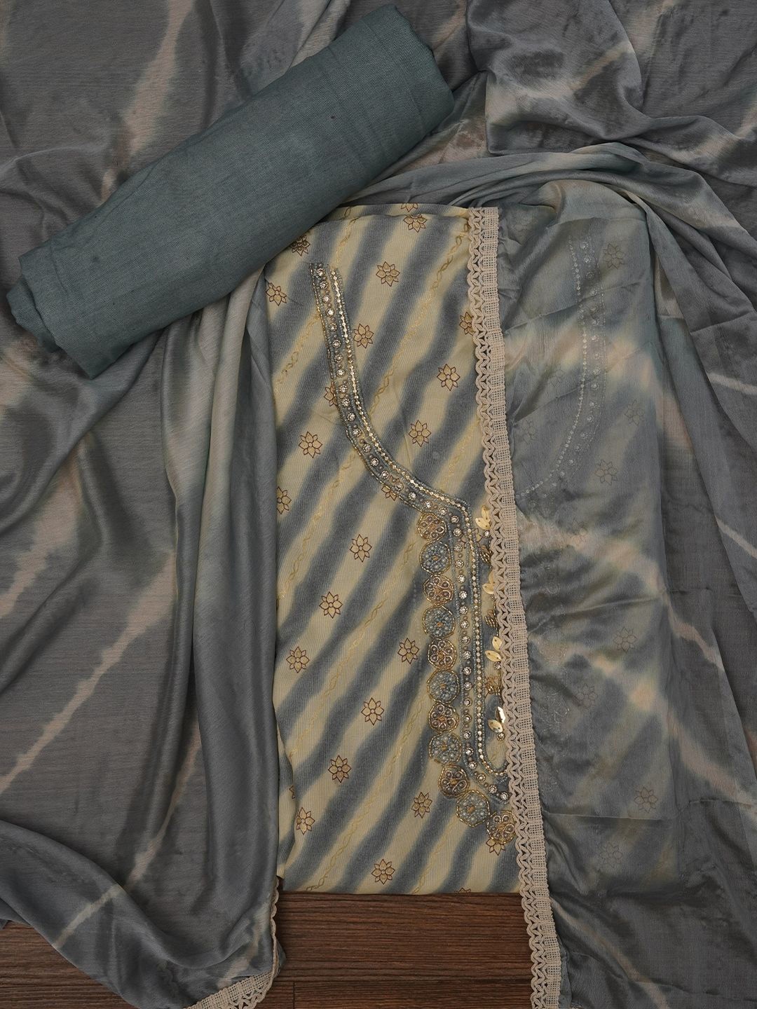 

Jaipur Kurti Leheriya Printed Embroidered Dress Material with Dupatta, Grey