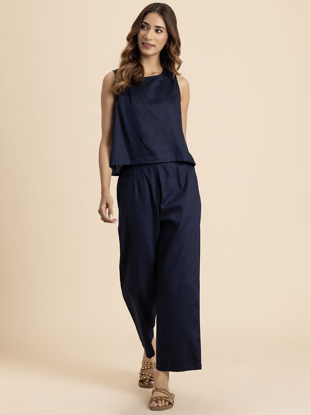 

Moomaya Round Neck Pure Cotton Top With Trousers, Navy blue