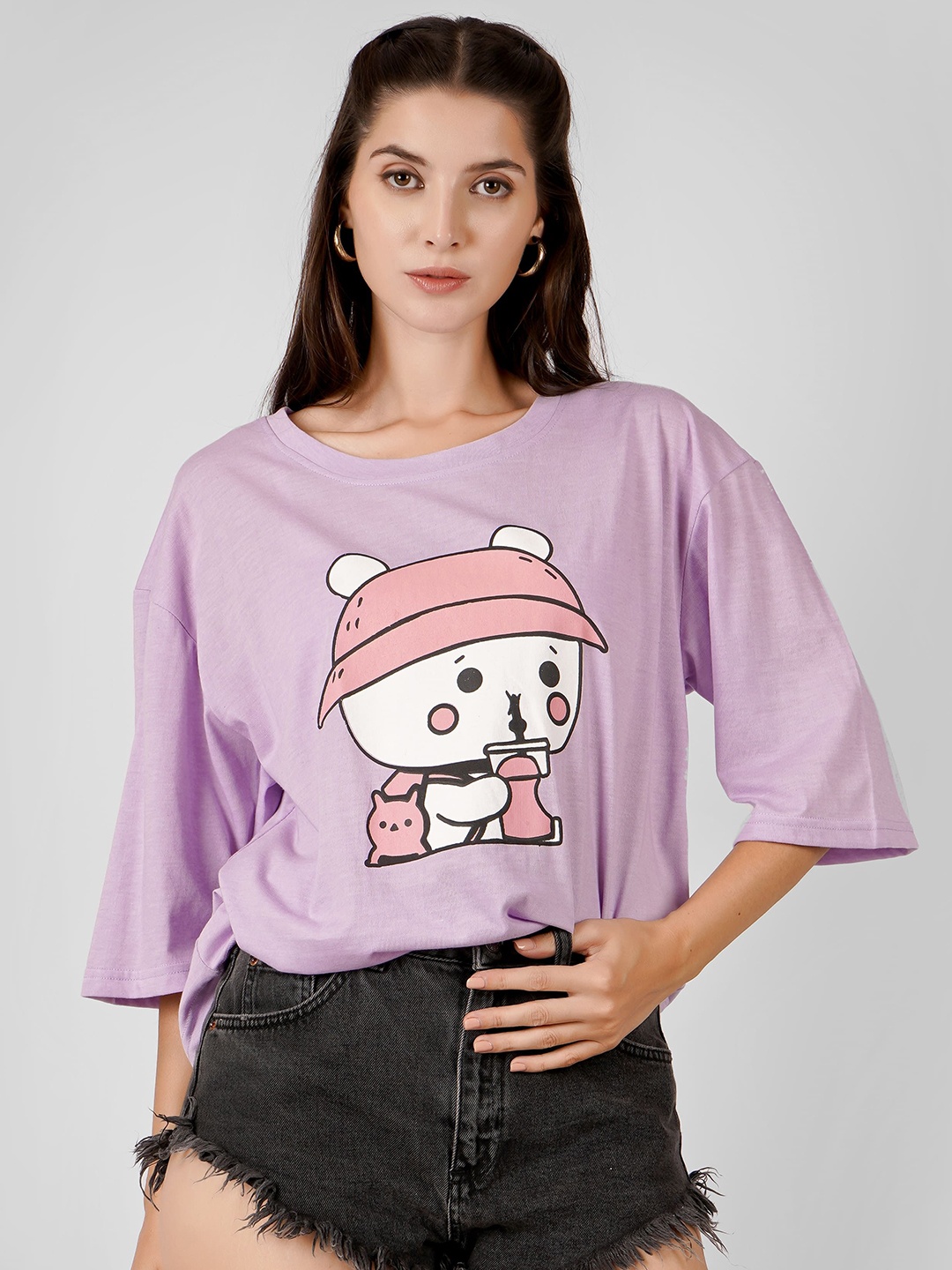 

MIMID Women Graphic Printed Round Neck Cotton Oversized T-shirt, Lavender