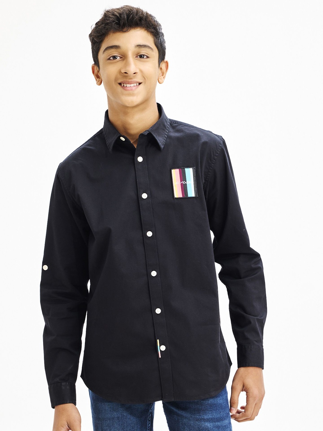 

NO MONDAYS Boys Relaxed Spread Collar Solid Cotton Casual Shirt, Black