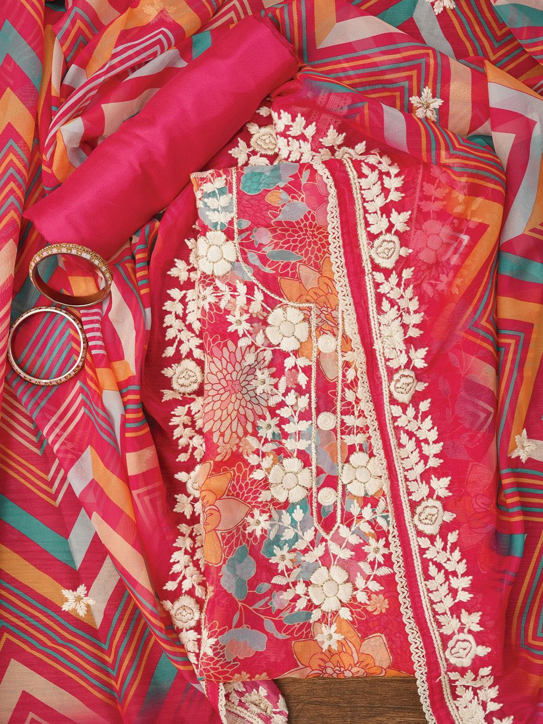 

Jaipur Kurti Lucknowi Embroidered Organza Dress Material with Dupatta, Pink