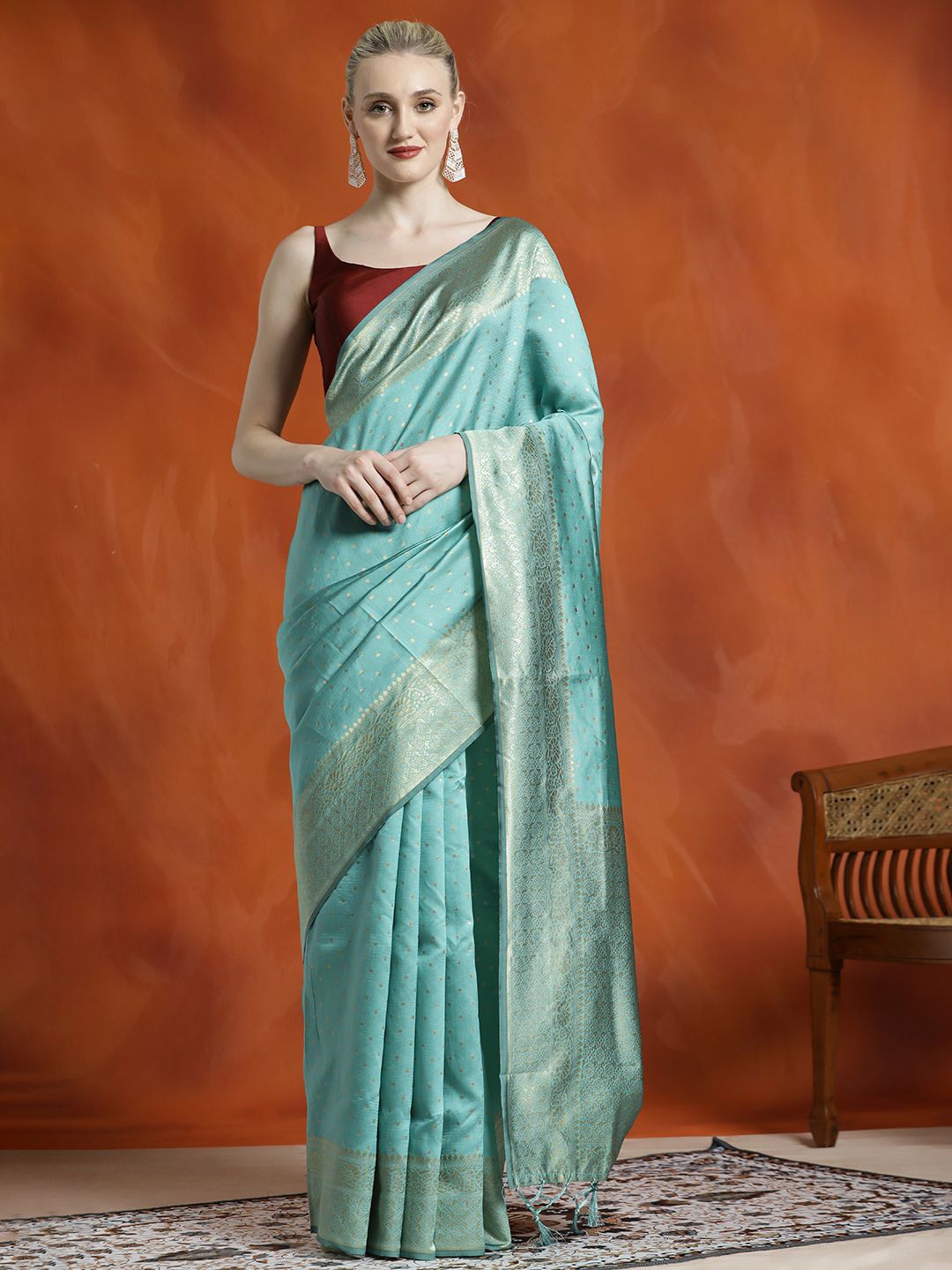 

Jaipur Kurti Woven Design Zari Silk Blend Banarasi Saree, Sea green
