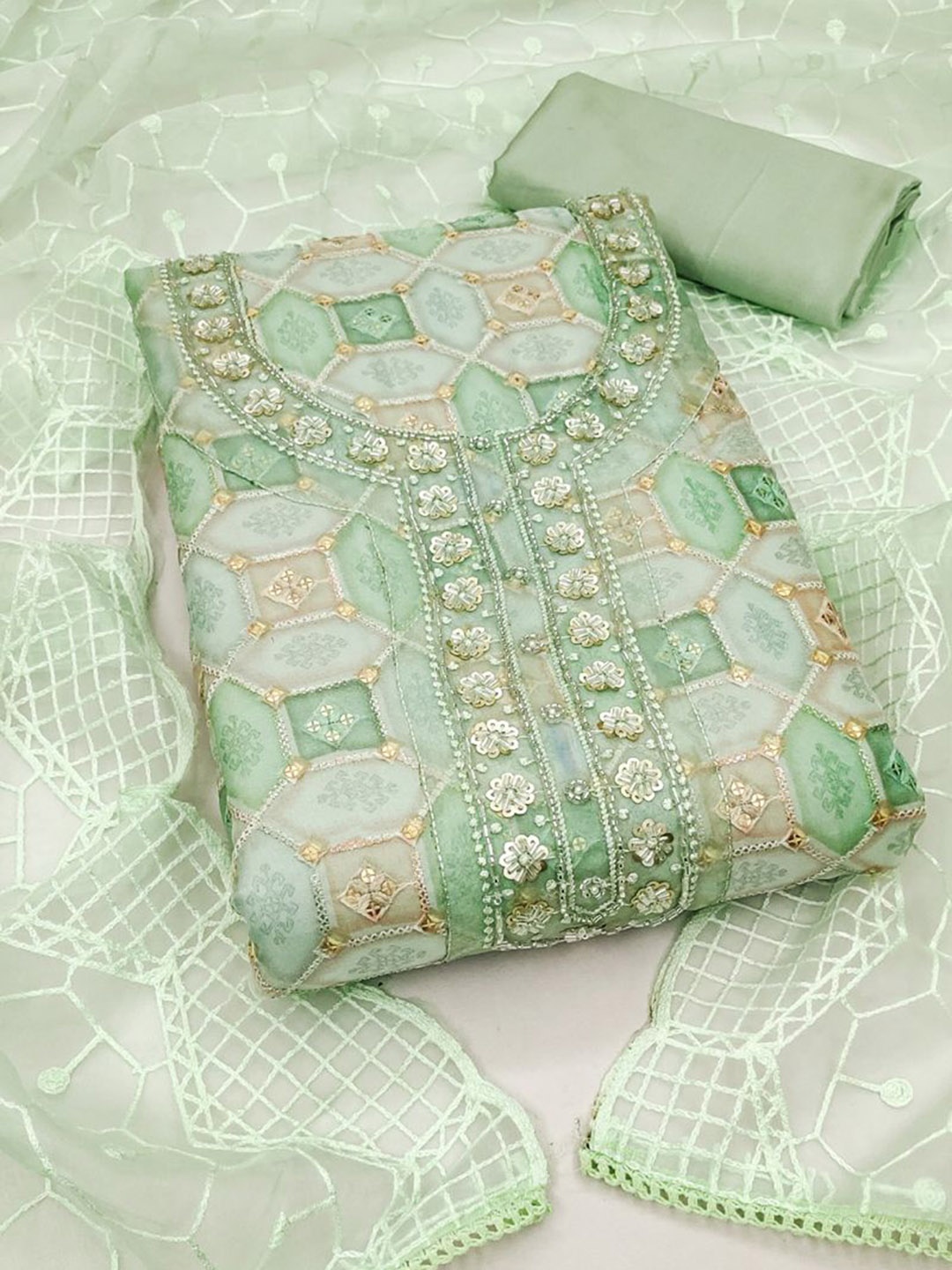 

ASISA Embroidered Organza Unstitched Dress Material, Green