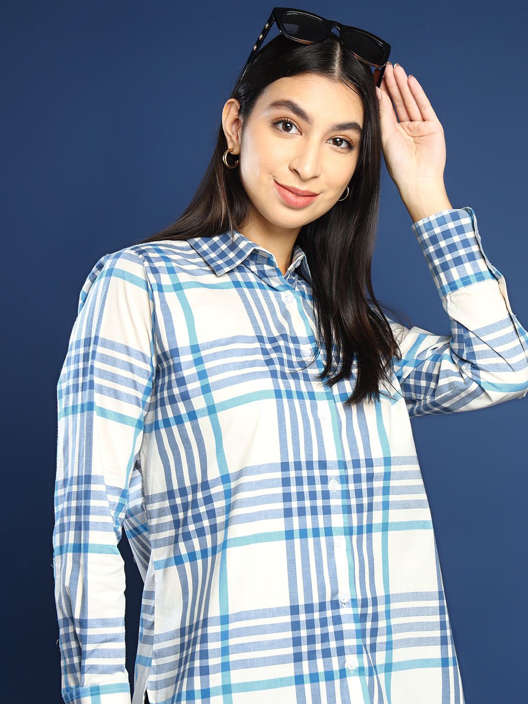

Hancock Women Spread Collar Checked Cotton Boyfriend Fit Casual Shirt, White