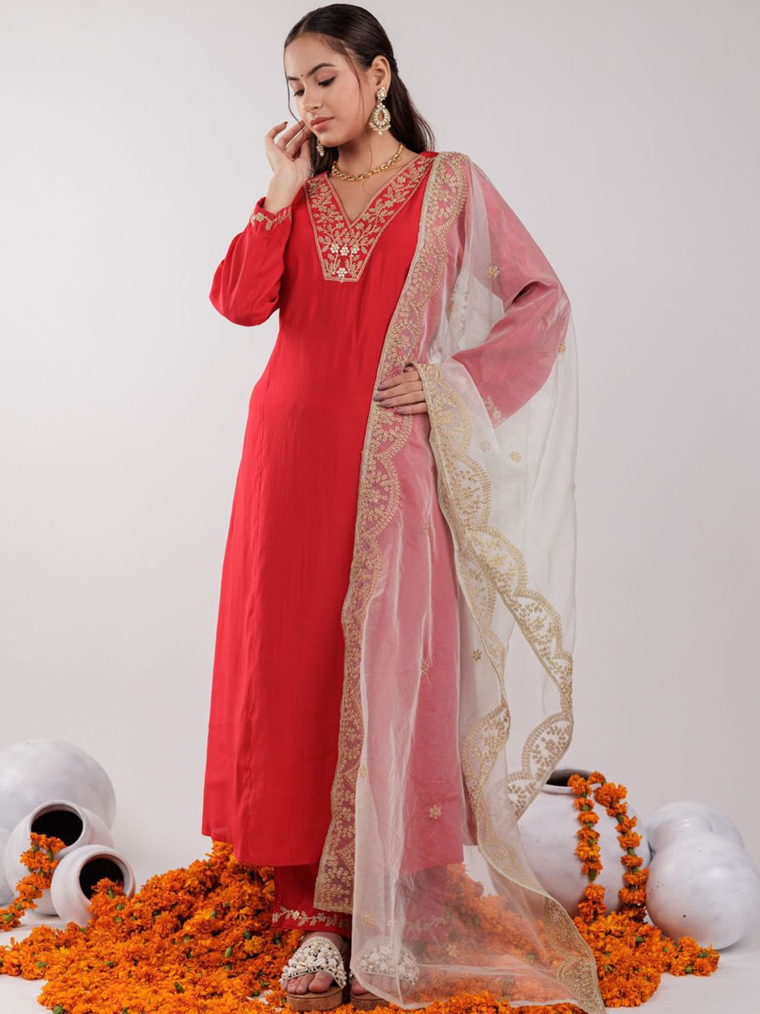

Yufta Red Floral Yoke Design Embroidered V-Neck Zari A-Line Kurta With Trouser & Dupatta
