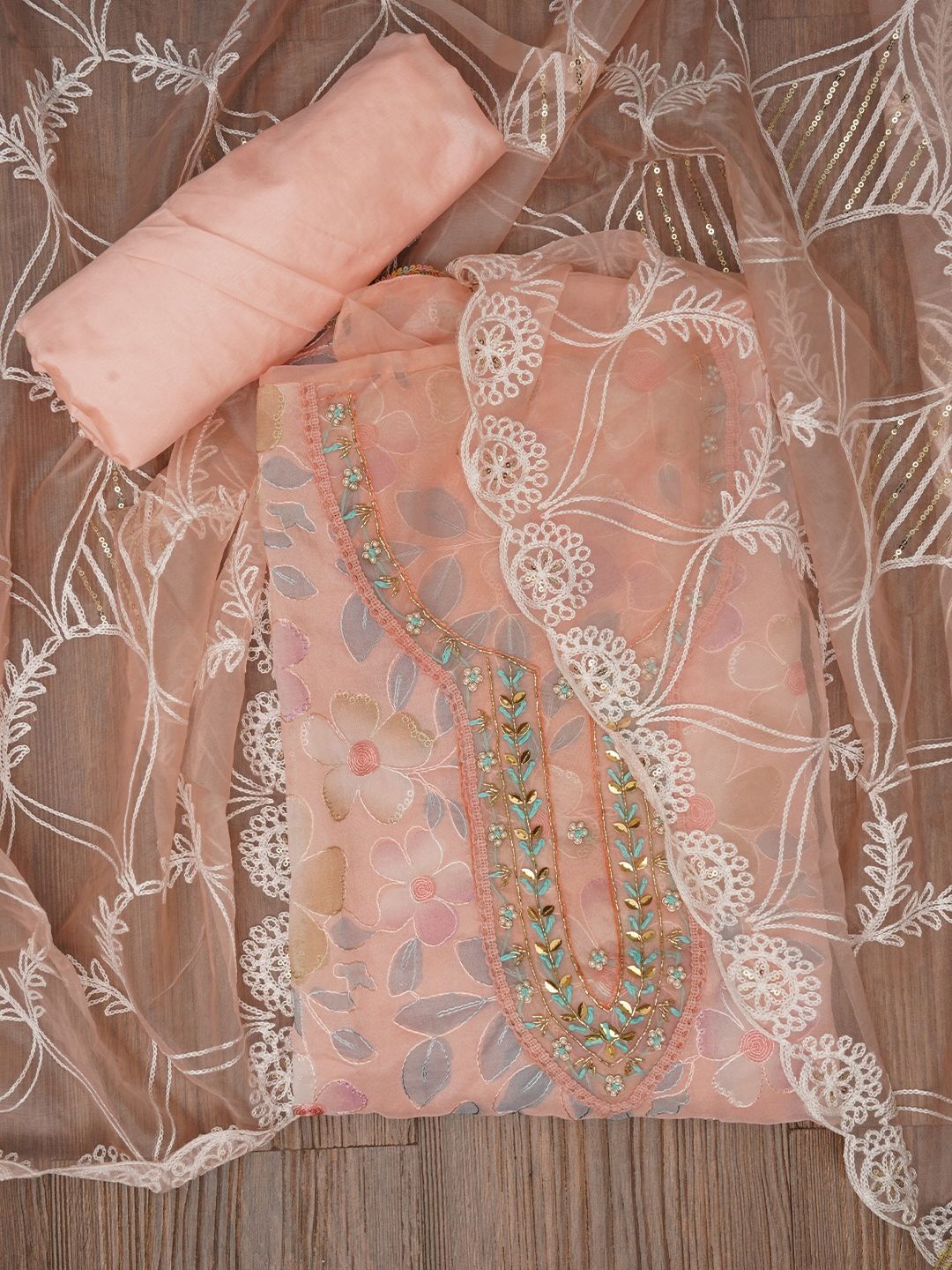 

Jaipur Kurti Floral Embroidered Organza Dress Material with Dupatta, Peach