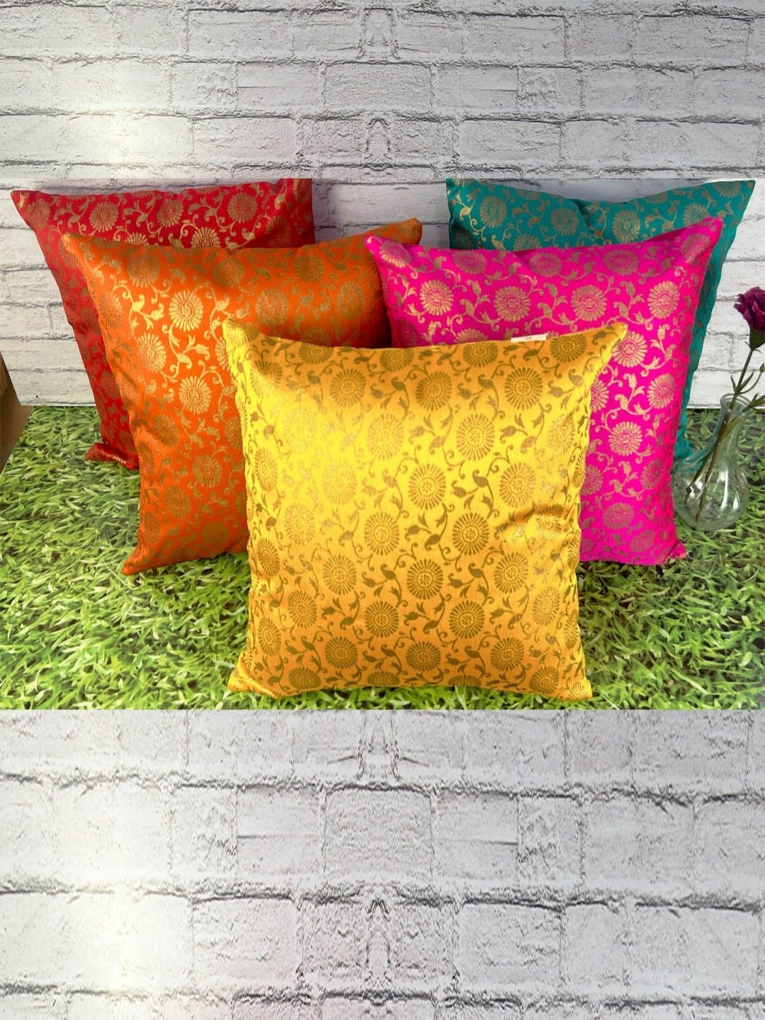 

Pink Parrot Pink & Yellow 5 Pieces Floral Square Cushion Covers