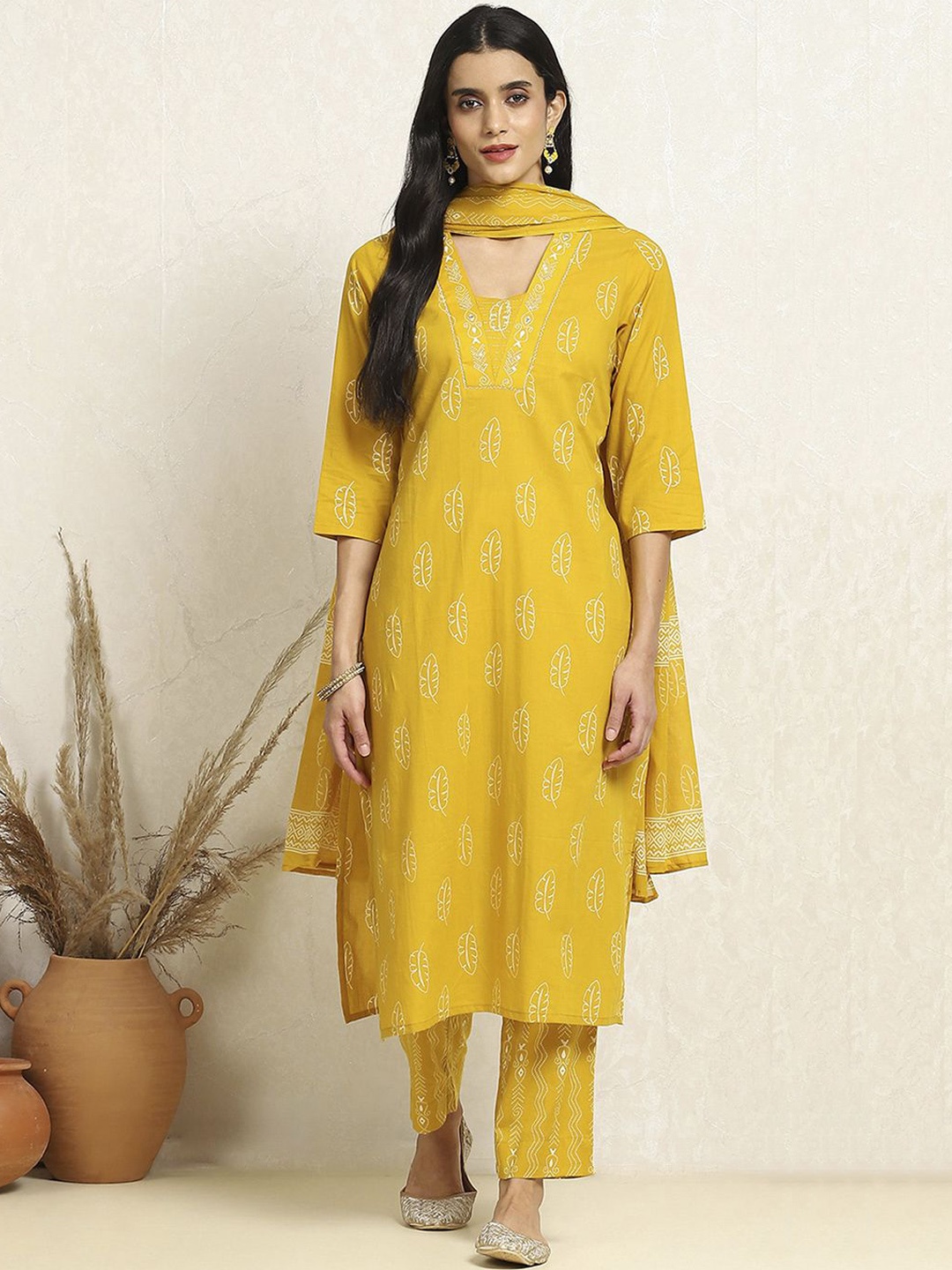 

Biba Floral Printed Pure Cotton Unstitched Dress Material, Mustard