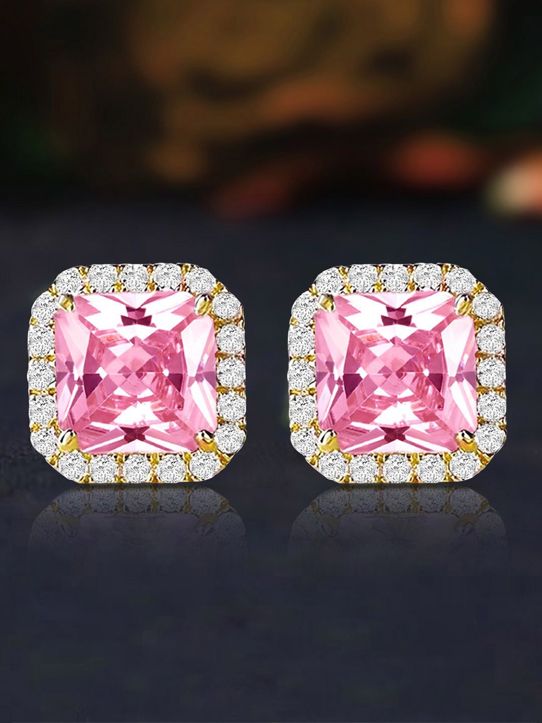 

Peora Gold Plated Cubic Zirconia Contemporary Studs, Pink